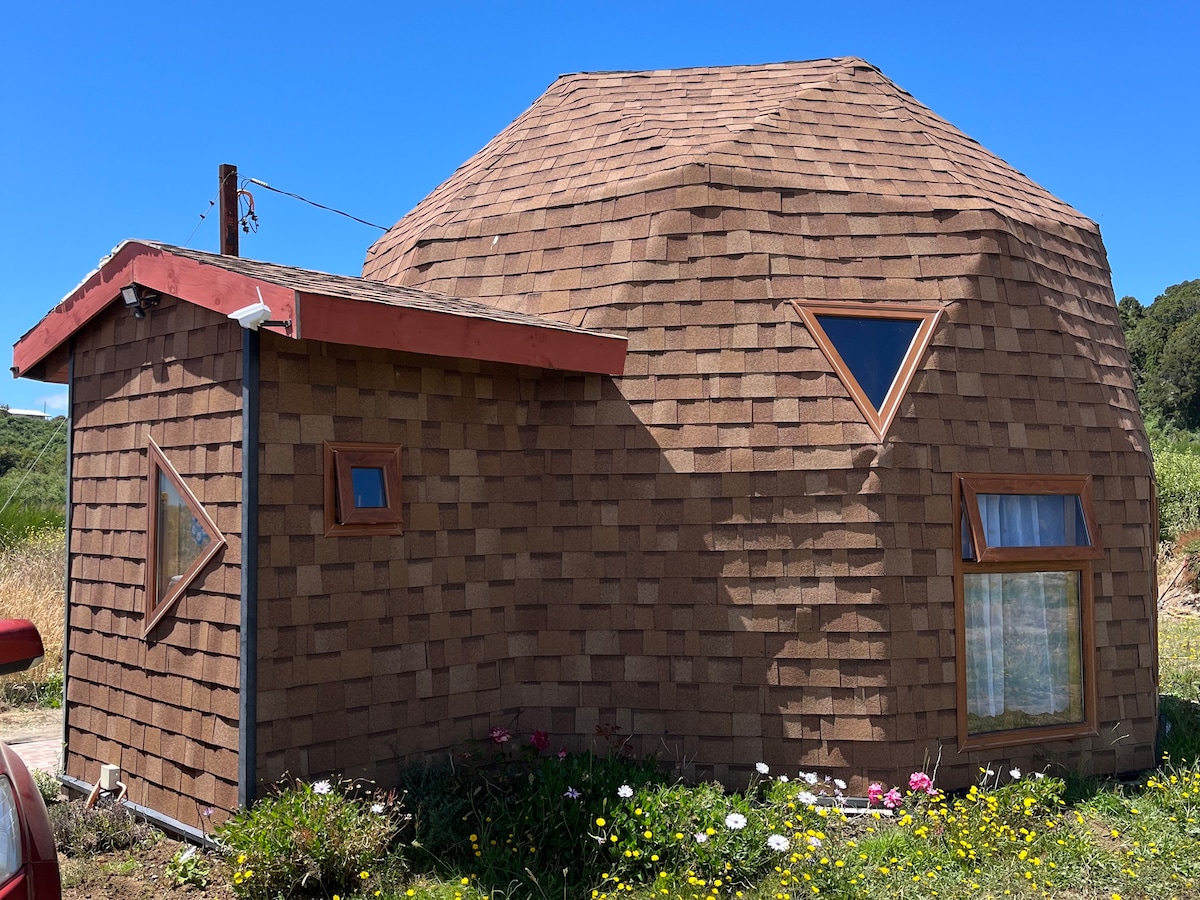 The exterior of a rustic dome-shaped house is showcased, featuring brown wooden shingles and characteristic triangular windows. A small adjoining structure is visible, along with a garden of colorful flowers at the base. The clear blue sky enhances the natural setting.
