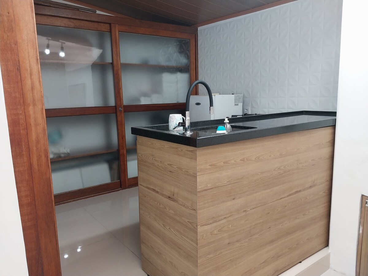 A modern kitchen area is presented, featuring a sleek black countertop complemented by wooden cabinetry. The design includes a sink with a contemporary faucet. Frosted sliding glass doors provide a stylish touch and separate the kitchen from the living space.