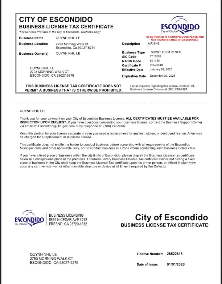 City Of Escondido Business License Tax Certificate - Escondido, CA