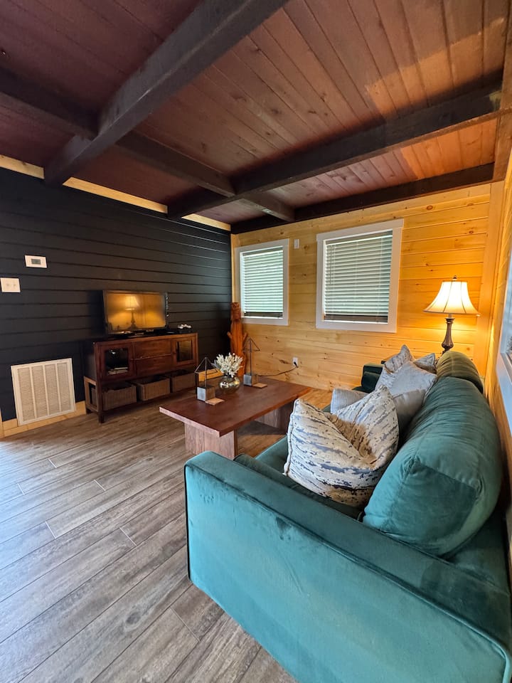 Living room just the right size for a couple. There is a PS4 on site with a couple of games and various DVDs . We do not have cable. 