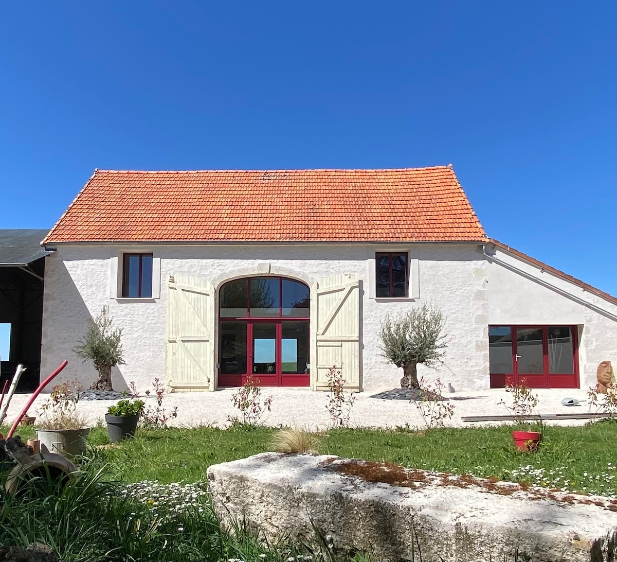 The exterior of a renovated building shows a spacious, inviting façade, with large double doors framed by olive trees and a vibrant green lawn. A bright blue sky complements the structure's charming white walls and traditional red-tiled roof.