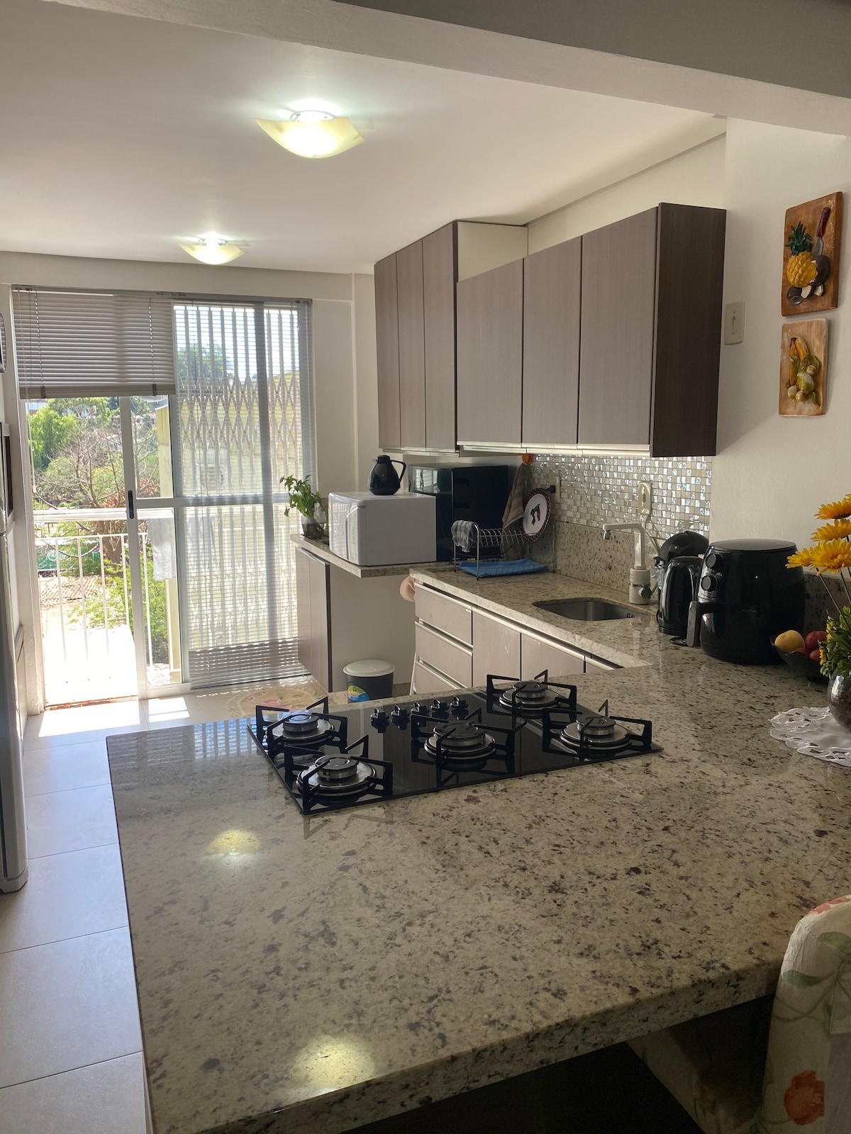 The kitchen is equipped with modern appliances, including a microwave and coffee maker, complemented by light wood cabinets. A granite countertop features a gas stovetop, while natural light filters through the nearby window, illuminating the space.