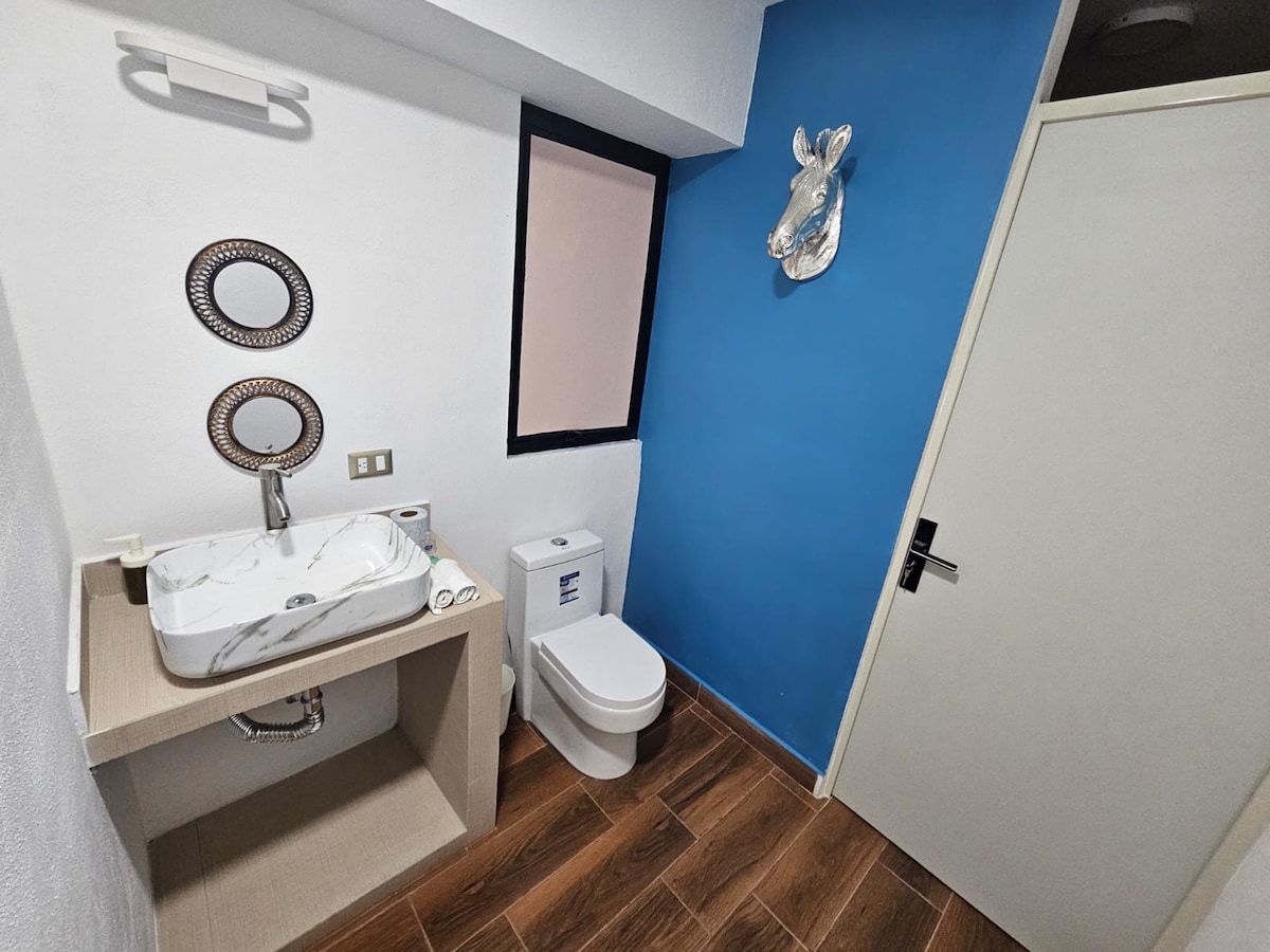 A modern bathroom is featured, showcasing a sleek sink atop a wooden counter with circular mirrors above. A toilet is positioned for easy access, and a blue accent wall adds a touch of color. Natural light enters through a window, enhancing the space.