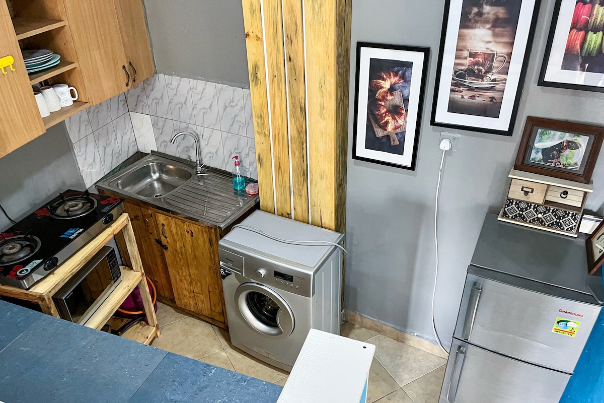 A functional kitchen environment is displayed, featuring a stainless steel sink and wooden cabinets. Cooking appliances, including a gas stove, are neatly arranged beside a washing machine and a refrigerator. Framed artwork adorns the wall, contributing to the overall aesthetic.