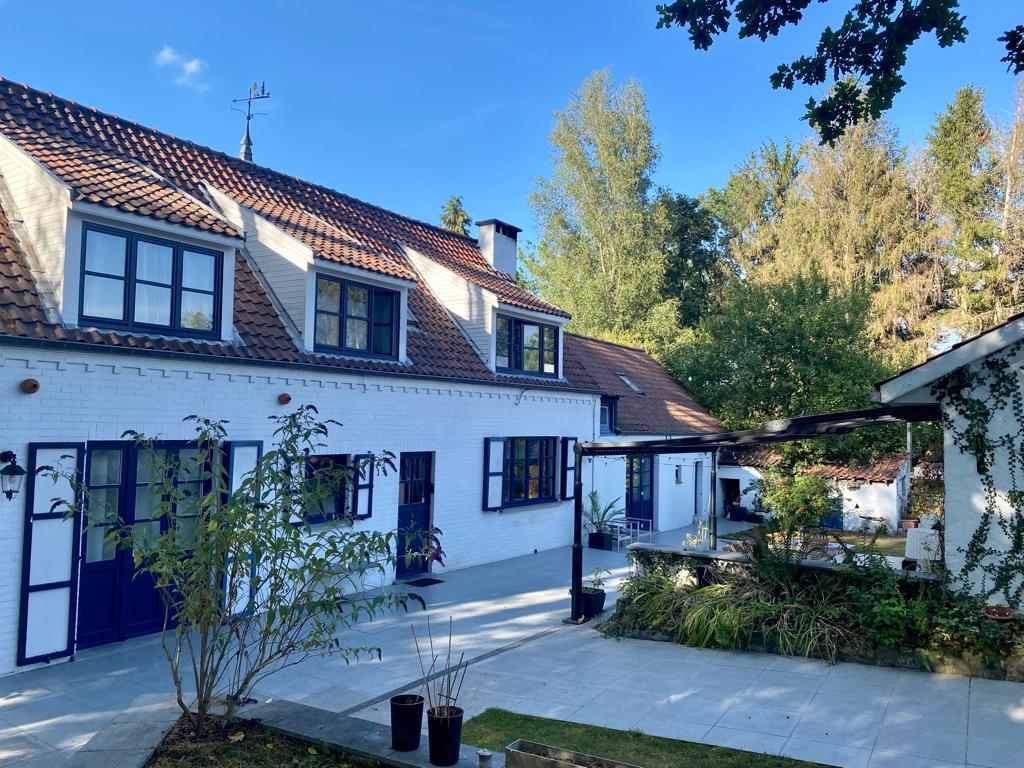 The exterior features a charming two-story white house with blue window frames set against a backdrop of lush greenery. A spacious patio area is visible, accented by potted plants and a serene garden space. The roof is tiled, and natural light brightens the scene.