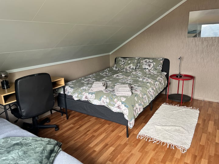 Dormitorio con una cama doble y una cama individual en la habitación.