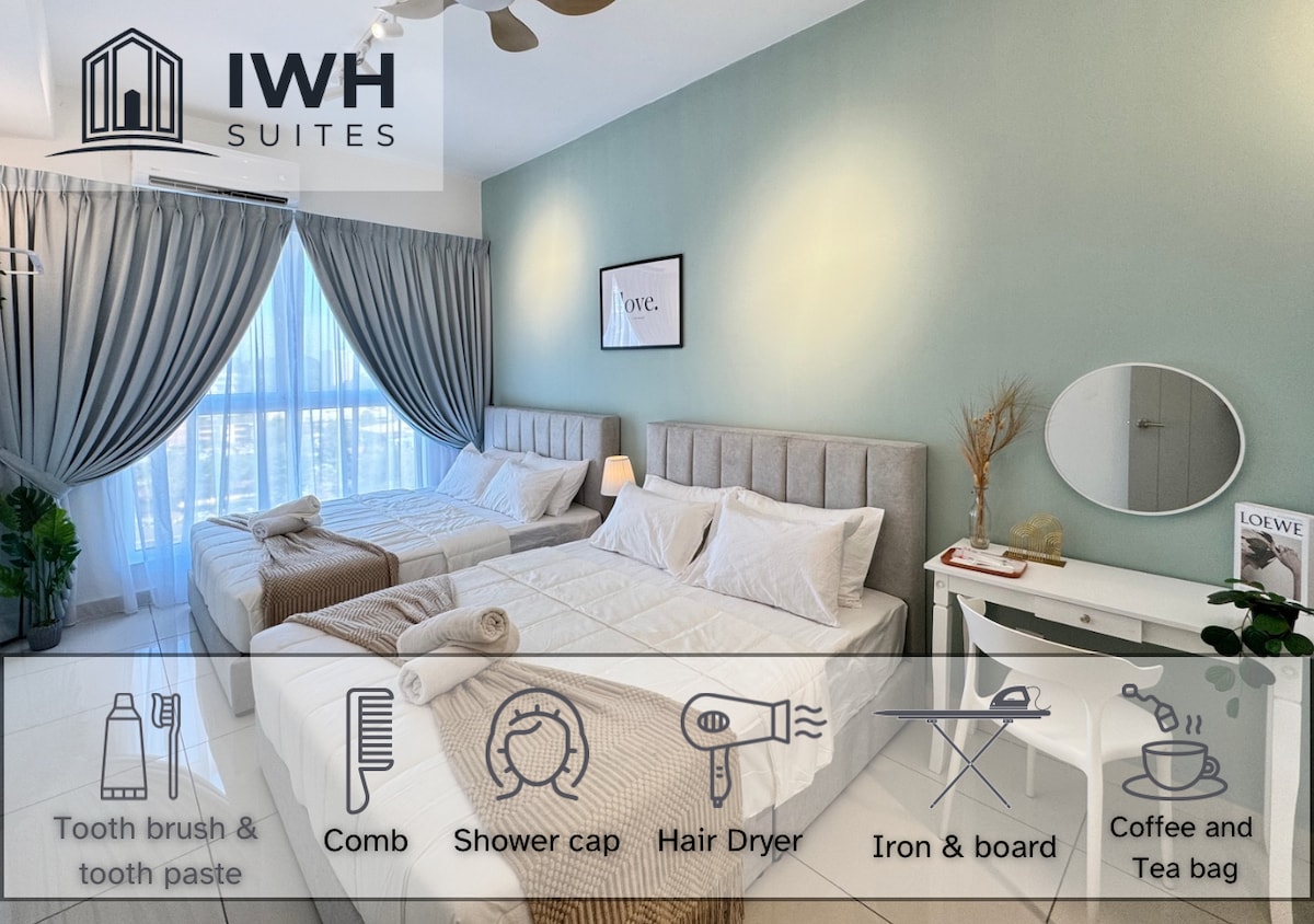 Hoofdkamer met queensize bed x 2 en aangrenzende badkamer
