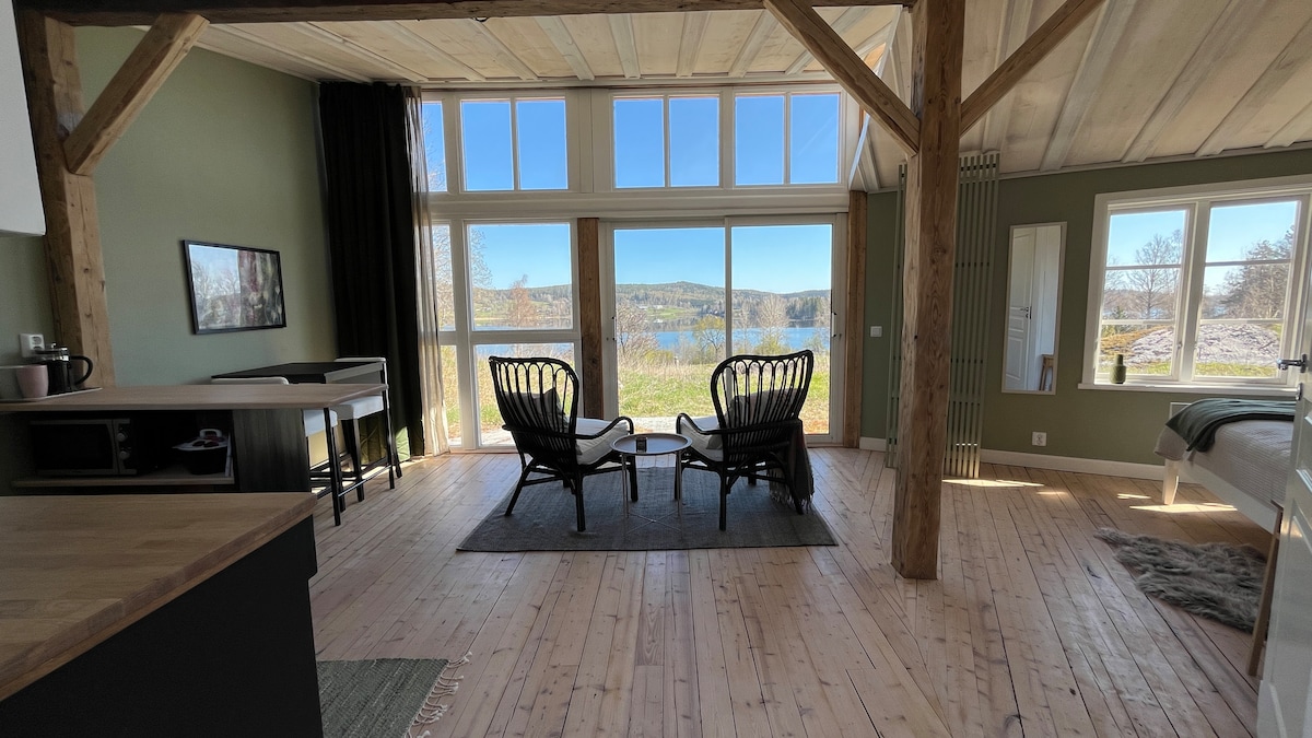 A spacious interior is characterized by large windows that provide a view of the surrounding landscape and the lake. Two wicker chairs are positioned on a wooden floor, with a kitchenette visible in the background. Natural light enhances the soothing green walls.