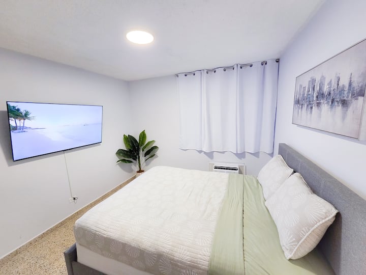 Queen size bed and 55" smart t.v and window a/c unit.