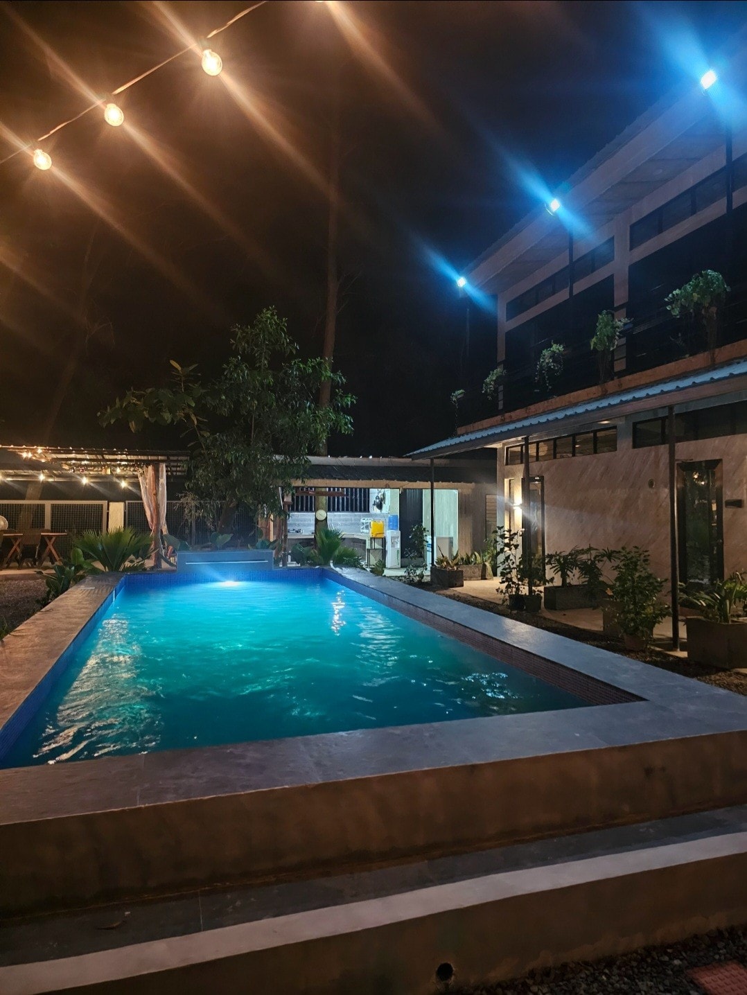 The outdoor pool is illuminated at night, showcasing clear turquoise water. Soft string lights are visible above, adding a gentle glow. Surrounding trees and plants provide a natural setting, with a modern structure in the background featuring lighted areas that enhance the calming atmosphere.