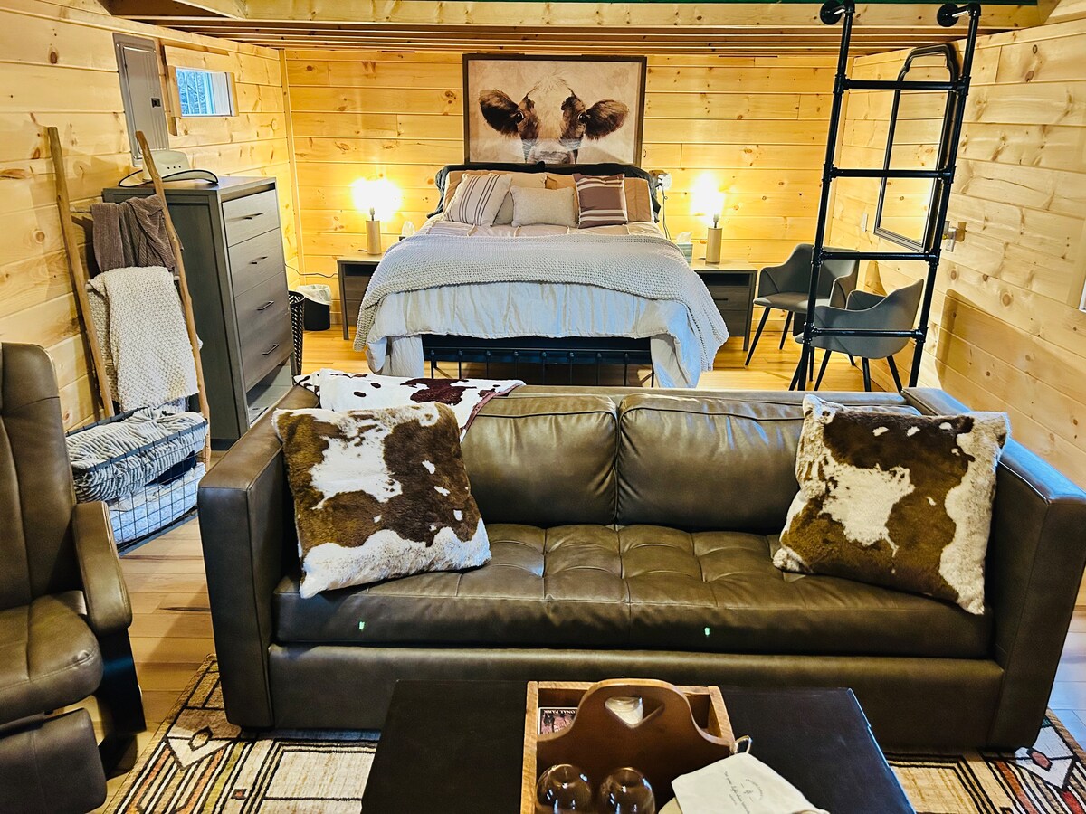 An open living space features a raised queen bed with rustic wooden accents and two bedside lamps. A leather sofa with decorative pillows sits in the foreground, alongside a wooden coffee table. Natural wood paneling lines the walls, creating a cozy cabin atmosphere.