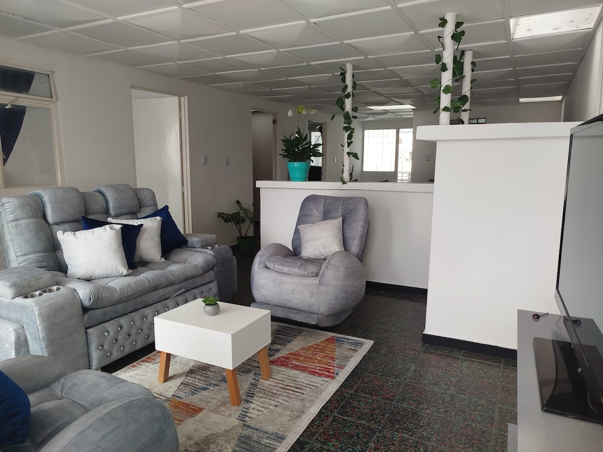 A comfortable living area is furnished with gray seating, including a recliner and a couch, accented with colorful pillows. A small, white coffee table rests on a patterned rug, with decorative plants placed in the background, providing a fresh touch to the space.
