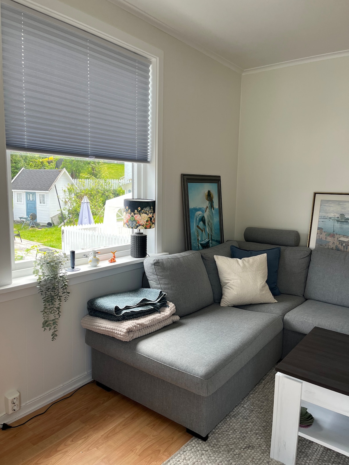 A cozy living area features a gray sectional sofa, complemented by a decorative throw pillow. A window with gray blinds allows natural light to filter in, showcasing framed artwork and a small potted plant on the windowsill.