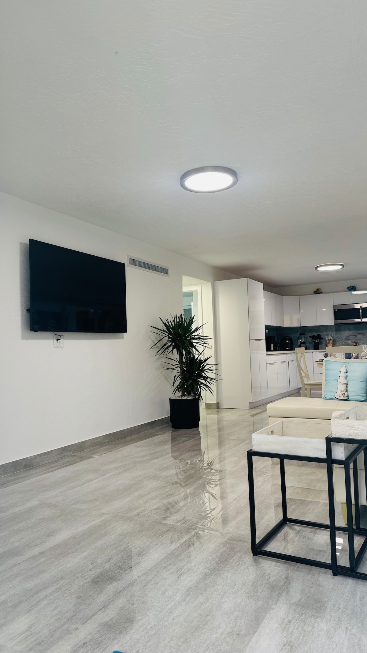 A sleek living space features a mounted flat-screen television on a white wall. A tall indoor plant is placed in a black planter, adding a touch of greenery. Light-colored furniture is visible, complemented by glossy marble flooring that enhances the room's spacious feel.