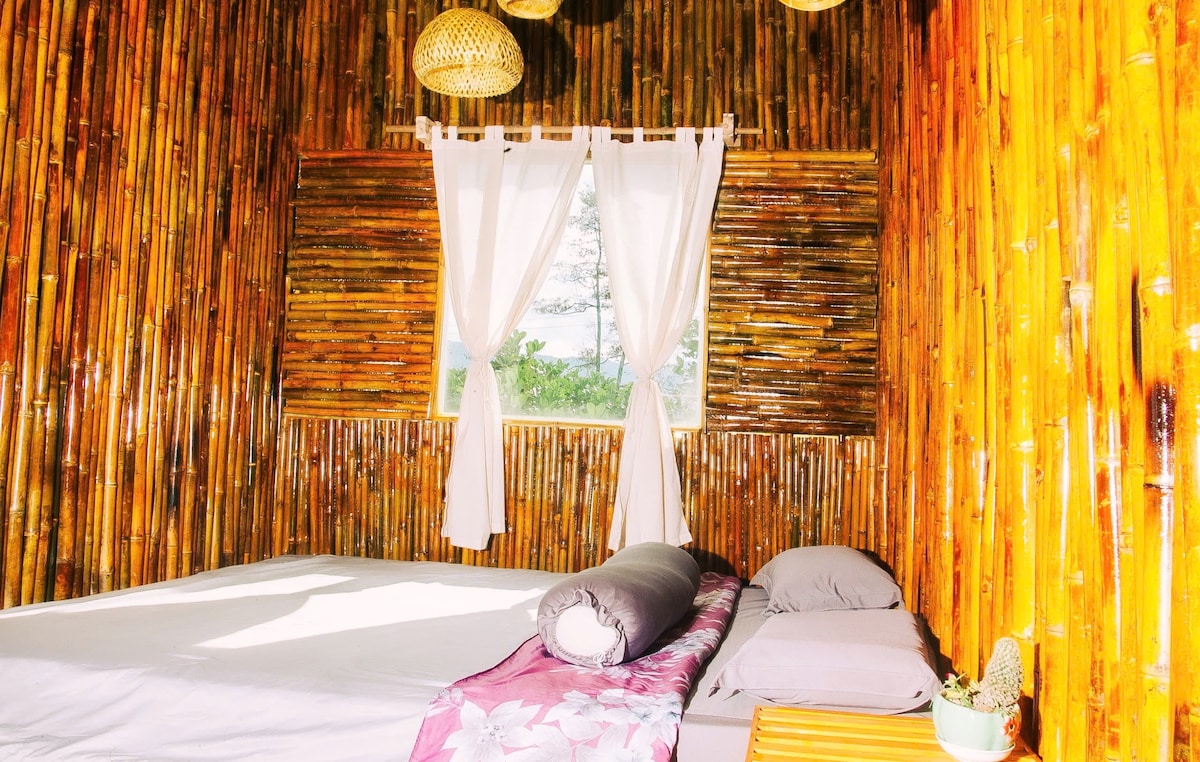 A natural bamboo interior creates a warm ambiance. Light filters through two white curtains, framing a view of the outdoors. A spacious bed is accompanied by two simple cushions and a small cactus placed on a wooden table.