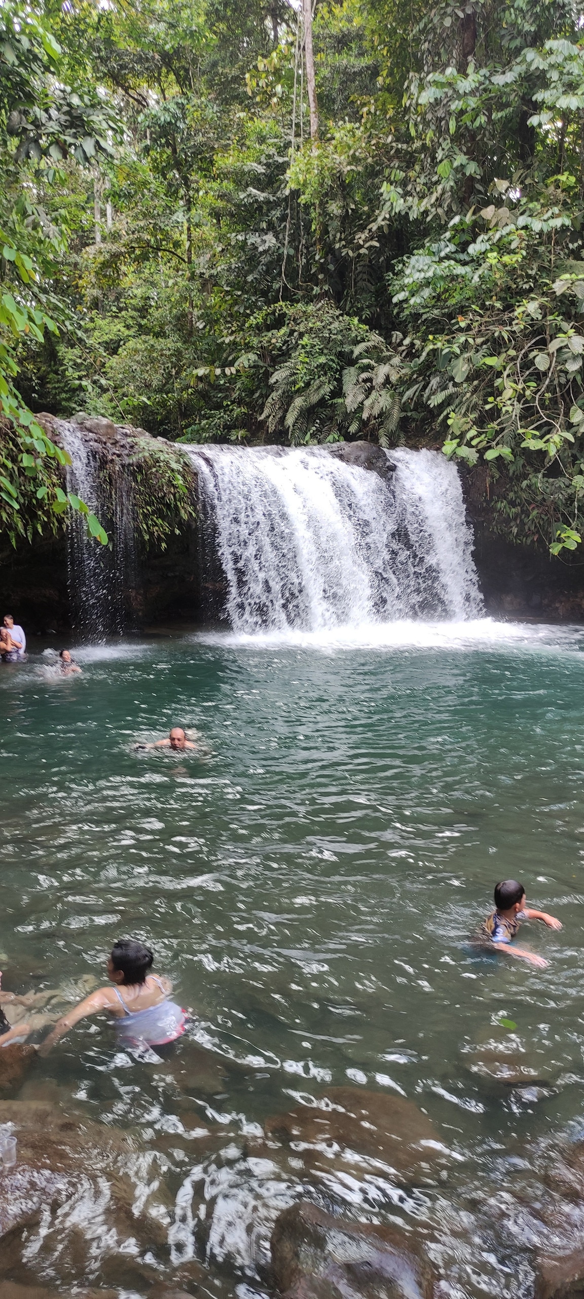 A serene natural setting features a cascading waterfall surrounded by lush greenery. Clear water pools at the base, where individuals are seen enjoying the refreshing environment. The vibrant greenery frames the scene, creating a peaceful atmosphere in this private oasis.