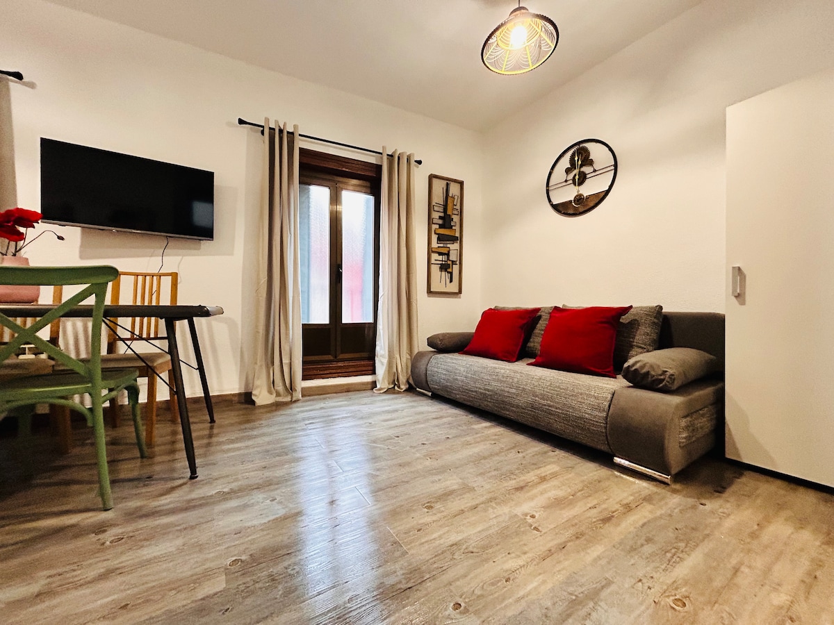 The living area features a gray sofa with red accent pillows, positioned against a neutral wall. A television is mounted above a wooden dining table paired with colorful chairs. Natural light filters in through a window with curtains, enhancing the space's inviting appearance.