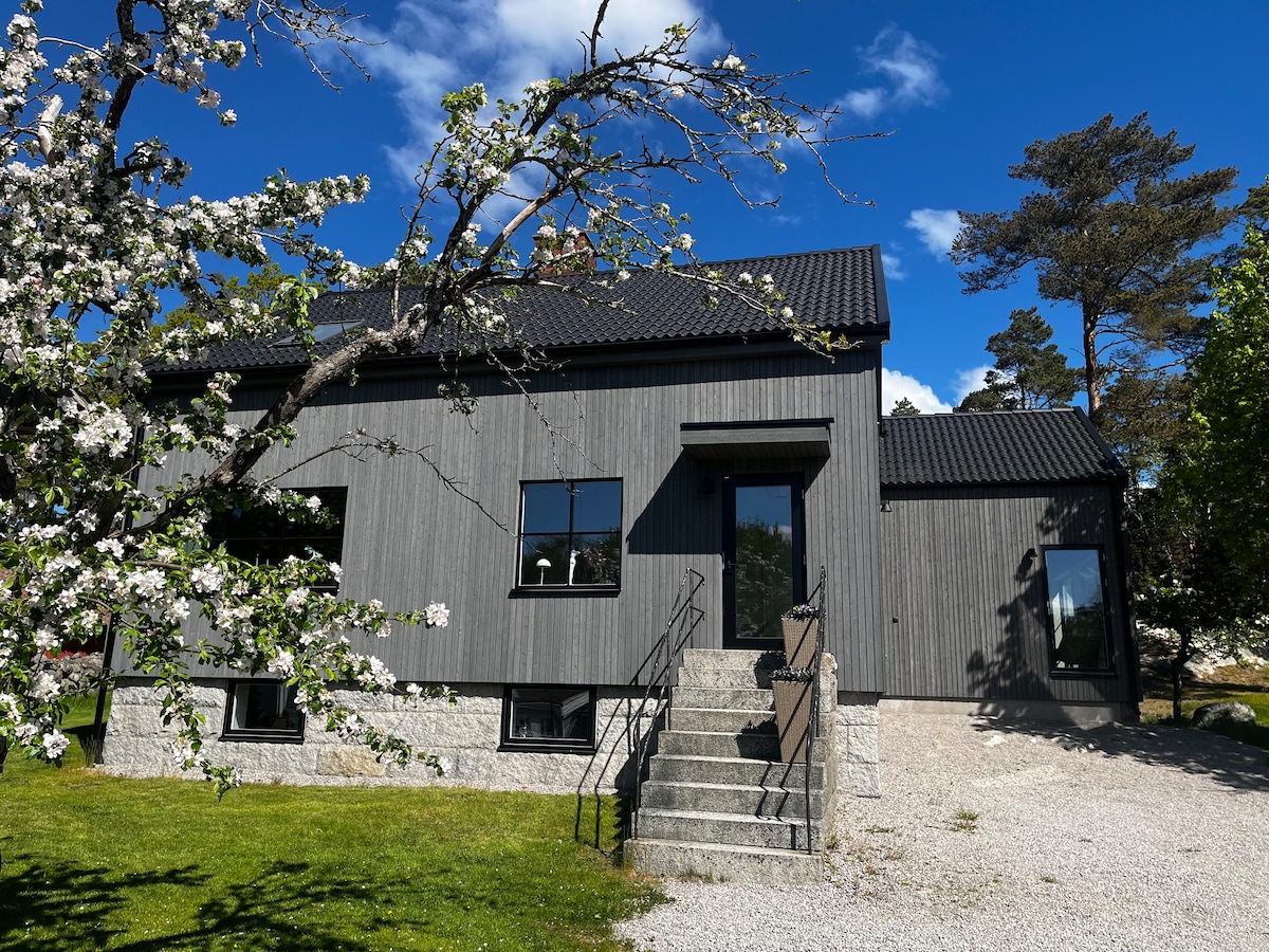 A modern two-story villa is nestled among greenery, featuring a combination of wooden and stone materials. A set of steps leads to the entrance, framed by large windows. The surrounding foliage adds a natural touch, while the blue sky provides a contrasting backdrop.
