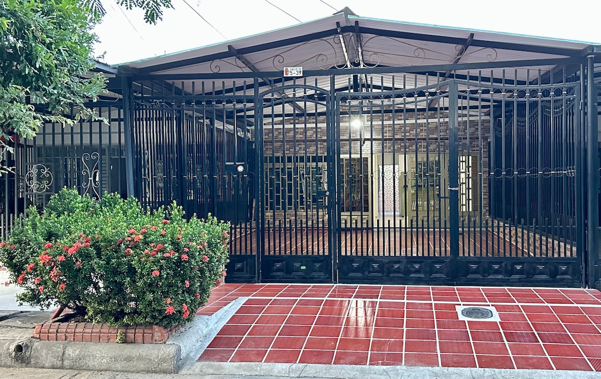 A gated entrance to the property is depicted, featuring a decorative black metal gate. Surrounding the entrance, vibrant green shrubs with flowering plants add a touch of color. A tiled pathway leads to the porch area, providing a welcoming approach to the home.