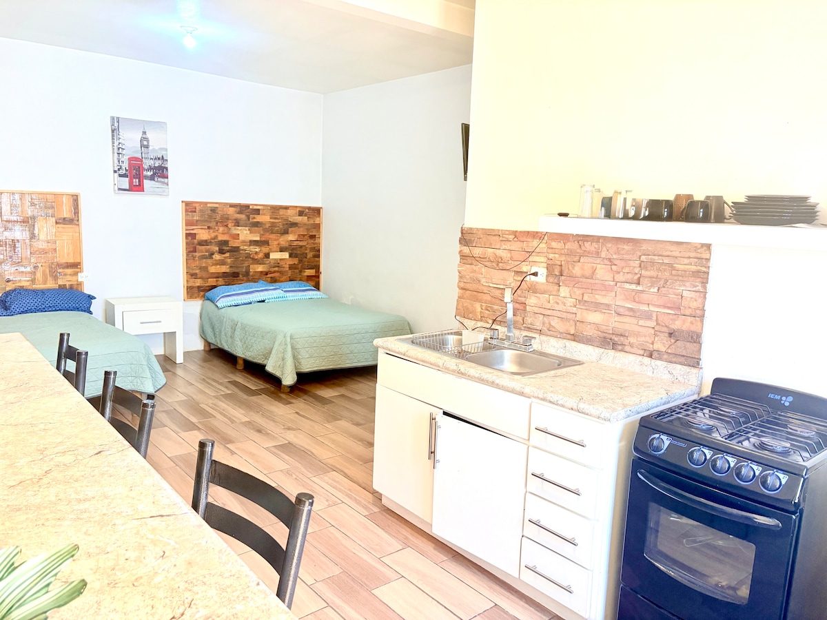 The studio features two spacious beds with soft coverings, complemented by a kitchenette and a small dining area. A stove is positioned beside a sink with ample counter space, while textured wall panels add warmth to the ambiance. Natural light enters from a nearby window.