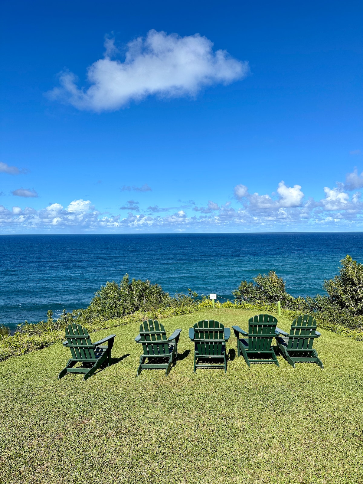 A manicured lawn leads to a serene ocean view, featuring five green Adirondack chairs arranged to face the water. The clear blue sky and gentle clouds create a calming backdrop for relaxation, emphasizing the tranquil setting of this coastal retreat.
