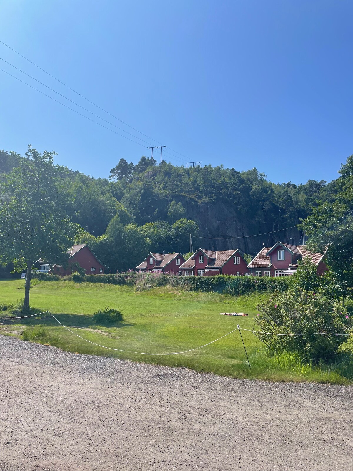 A cluster of cozy red cottages is seen nestled among lush greenery. The scene is set against a backdrop of wooded hills under a clear blue sky. A well-tended lawn and pathways are visible, surrounded by natural elements that frame the serene atmosphere.