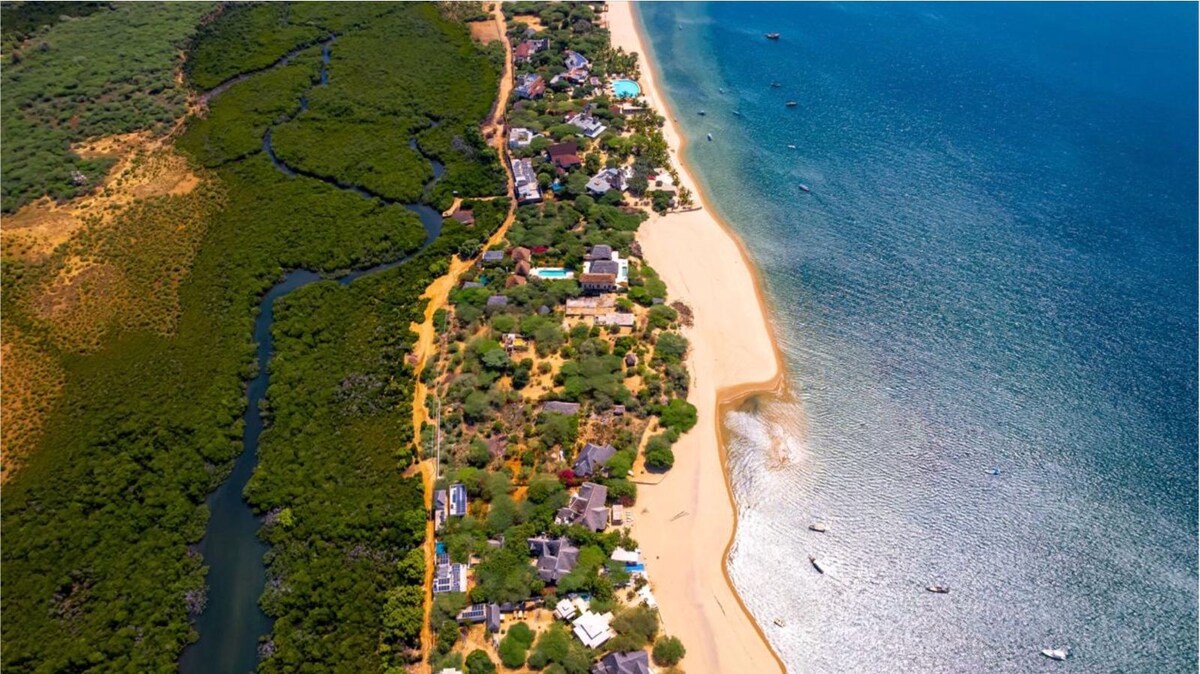 An aerial view captures the coastline featuring a blend of sandy beach and lush greenery. The tranquil waters extend towards the horizon, with visible boats scattered along the shore. The layout of buildings is interspersed among trees, creating a harmonious connection with the natural landscape.