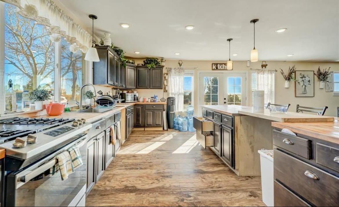 A spacious kitchen is equipped with modern appliances, including a gas stove and double ovens. Ample counter space surrounds a central island, and natural light fills the room through large windows. Decorative plants and kitchen essentials are arranged thoughtfully, creating a functional cooking environment.
