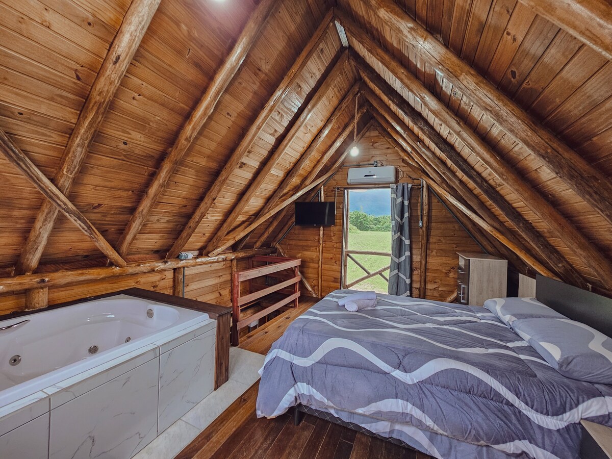 The sleeping area features wooden walls and a sloped ceiling, enhancing the cozy ambiance. A spacious bed is complemented by soft bedding, and a wall-mounted TV is visible. A double whirlpool tub is positioned nearby, with large windows providing views of the surrounding landscape.