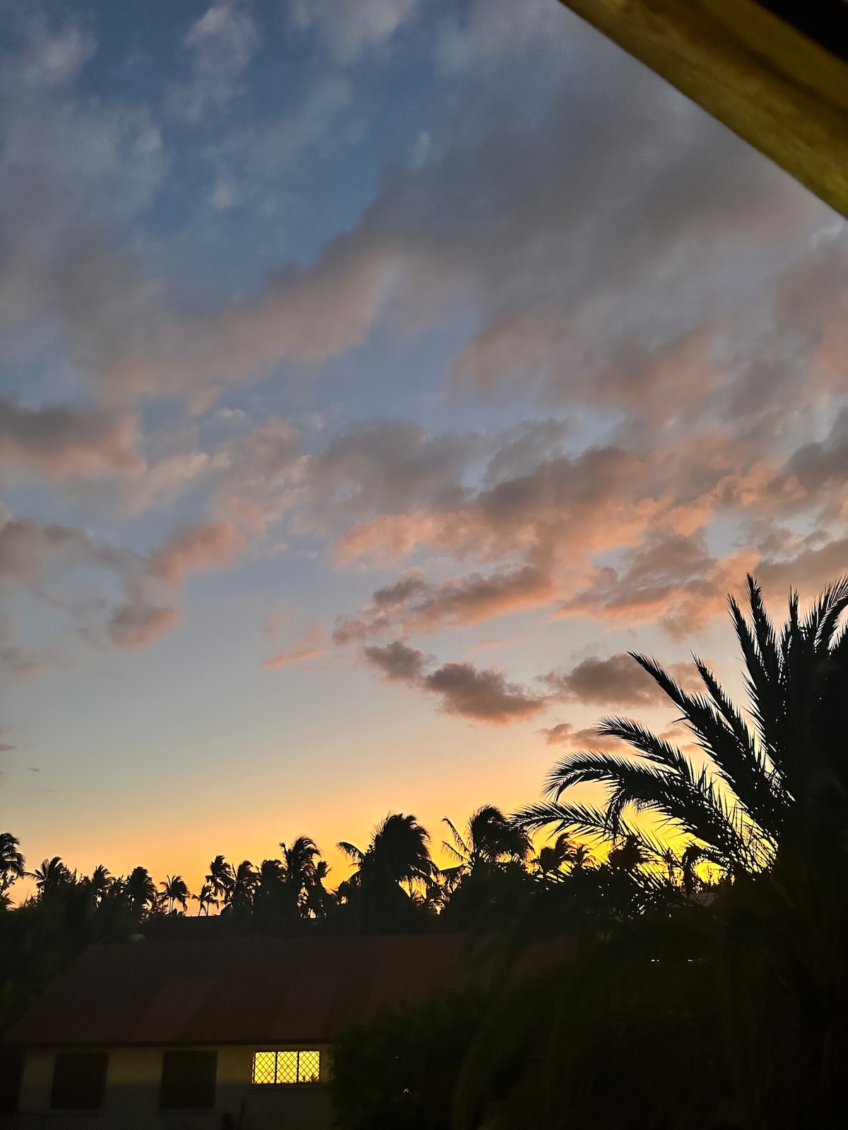 A vibrant sunset is captured, with layers of orange, pink, and blue hues in the sky. Silhouettes of palm trees line the foreground, framing the scene. A soft glow from a window illuminates a building below, enhancing the tranquil atmosphere.