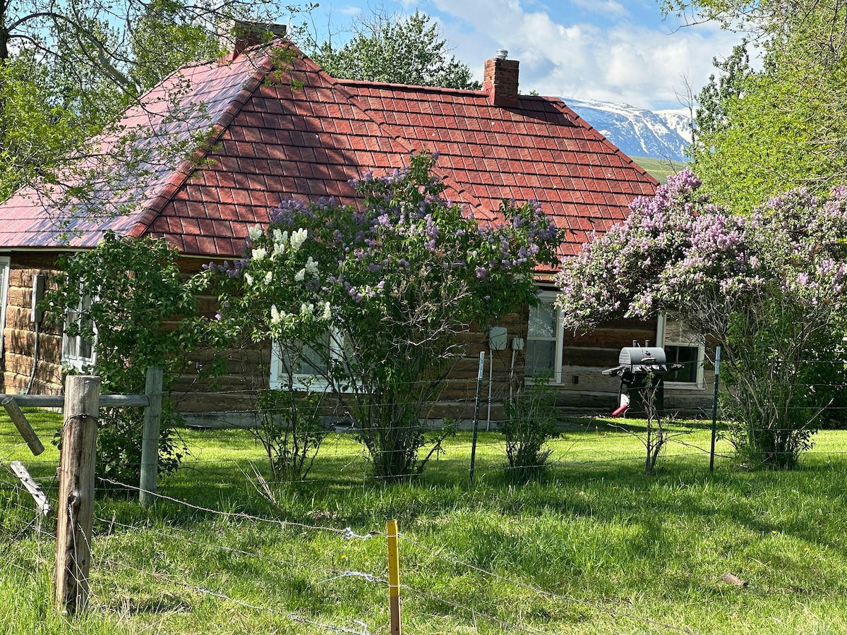 A historic cabin is surrounded by vibrant greenery, with flowering lilac bushes and a manicured lawn. A red-tiled roof contrasts with the natural landscape. Snow-capped mountains can be seen in the distance under a clear blue sky.