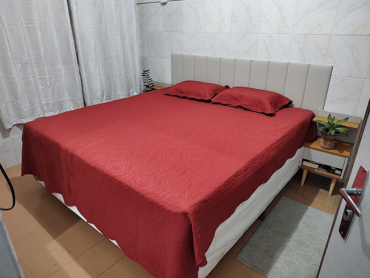 A spacious bed is dressed in a deep red comforter and matched with two coordinating pillows. A small plant sits on a bedside table, and light-colored curtains allow natural light to filter into the room, enhancing the overall brightness.