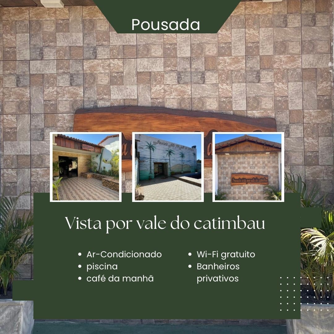 The entrance to the charming pousada displays a tasteful stone façade, complemented by tropical plants. A welcoming sign denotes the establishment's name, while spacious pathways lead to distinct areas featuring outdoor seating and lush greenery.