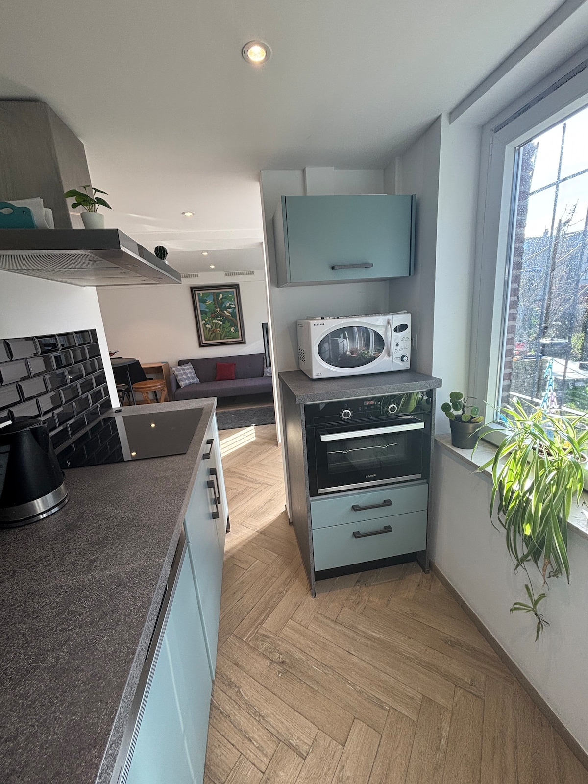 The kitchen features modern appliances, including a microwave and an oven, situated within cabinetry that complements the design. Natural light enters through a large window, which frames a green plant and adds a refreshing touch to the space.