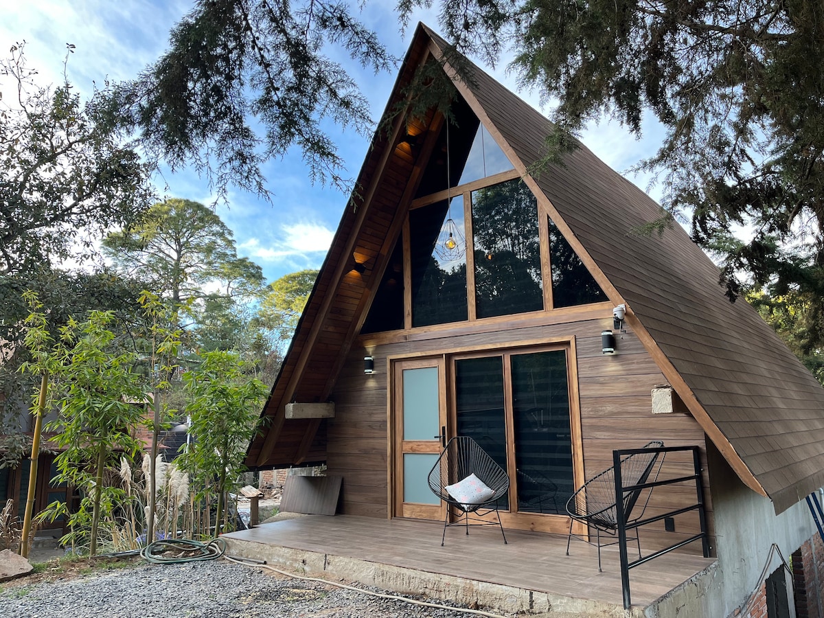 The exterior of the A-frame cabin features a combination of wood and large glass panels, allowing natural light to flood the interior. Two black chairs are positioned outside on a gravel pathway, surrounded by greenery and trees, creating a serene setting.