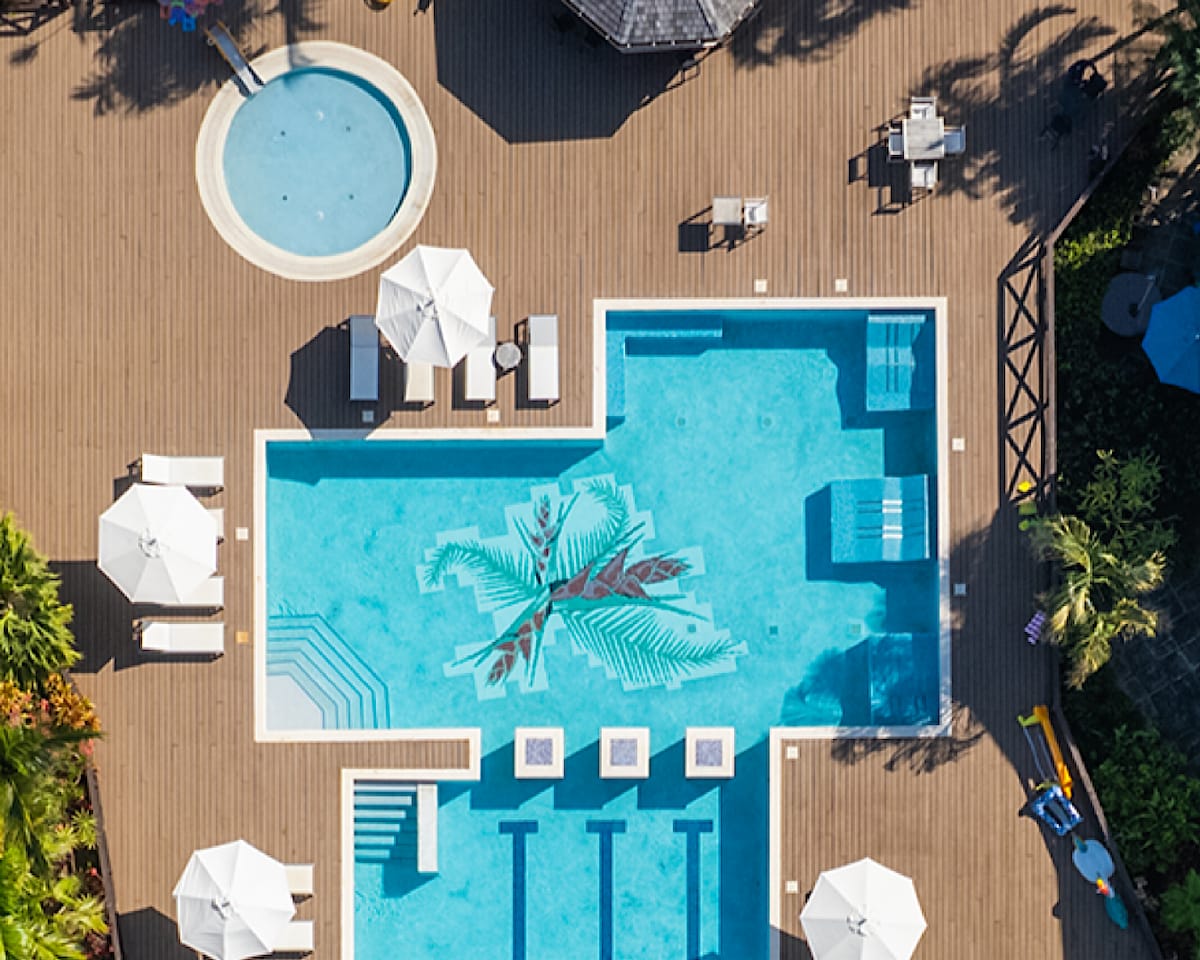 The aerial view showcases a spacious pool area featuring a large swimming pool with a decorative design. Surrounded by lounge chairs and umbrellas, a circular hot tub is positioned nearby. Lush greenery encircles the area, adding to the tranquil environment.