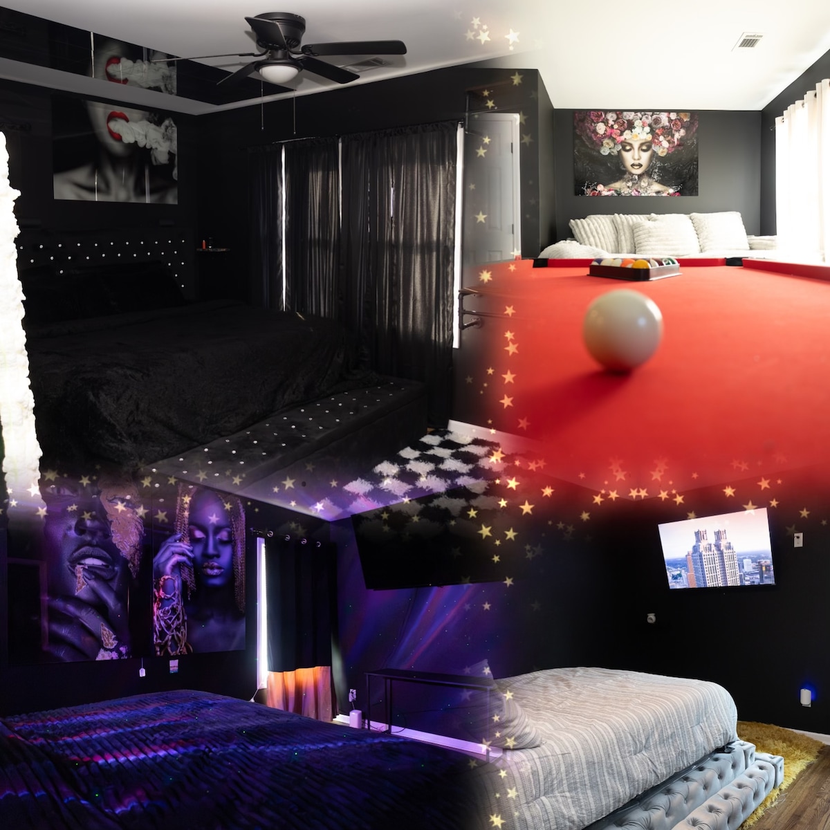 A cozy bedroom space features a large, dark bed with a stylish headboard. Soft lighting highlights the black walls and cheerful artwork. In the foreground, a game table is positioned, showcasing a red ball, while another inviting bed is visible in the background.