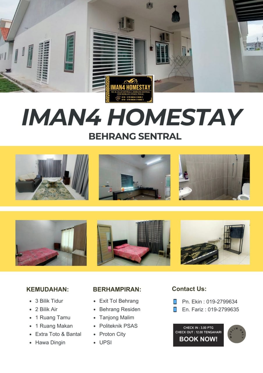 A modern homestay features a welcoming entrance with a sign displaying 'IMAN4 Homestay.' The layout includes spacious living areas, a dining area, and multiple bedrooms, fostering a comfortable environment suitable for various occasions. Nearby amenities include educational institutions and accessible road routes.