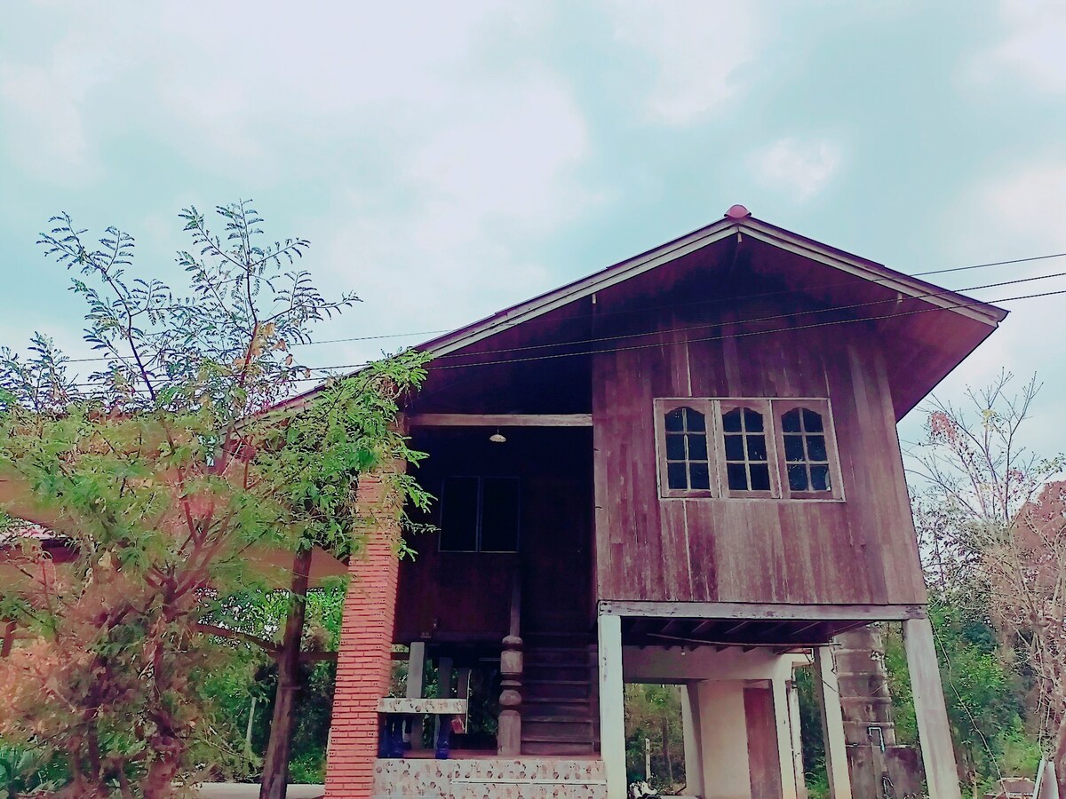 A rustic wooden villa is showcased, featuring two stories with a wide porch underneath. Large windows are visible on the upper level, surrounded by greenery. A brick column supports the structure, while a staircase leads to the entrance, enhancing the villa's traditional appeal.