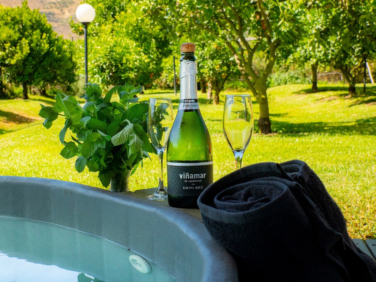 A refreshing scene is set beside a jacuzzi, featuring a bottle of sparkling wine and two glasses. Fresh mint leaves are displayed, alongside a neatly rolled black towel, with a vibrant green garden in the background, accentuated by trees.