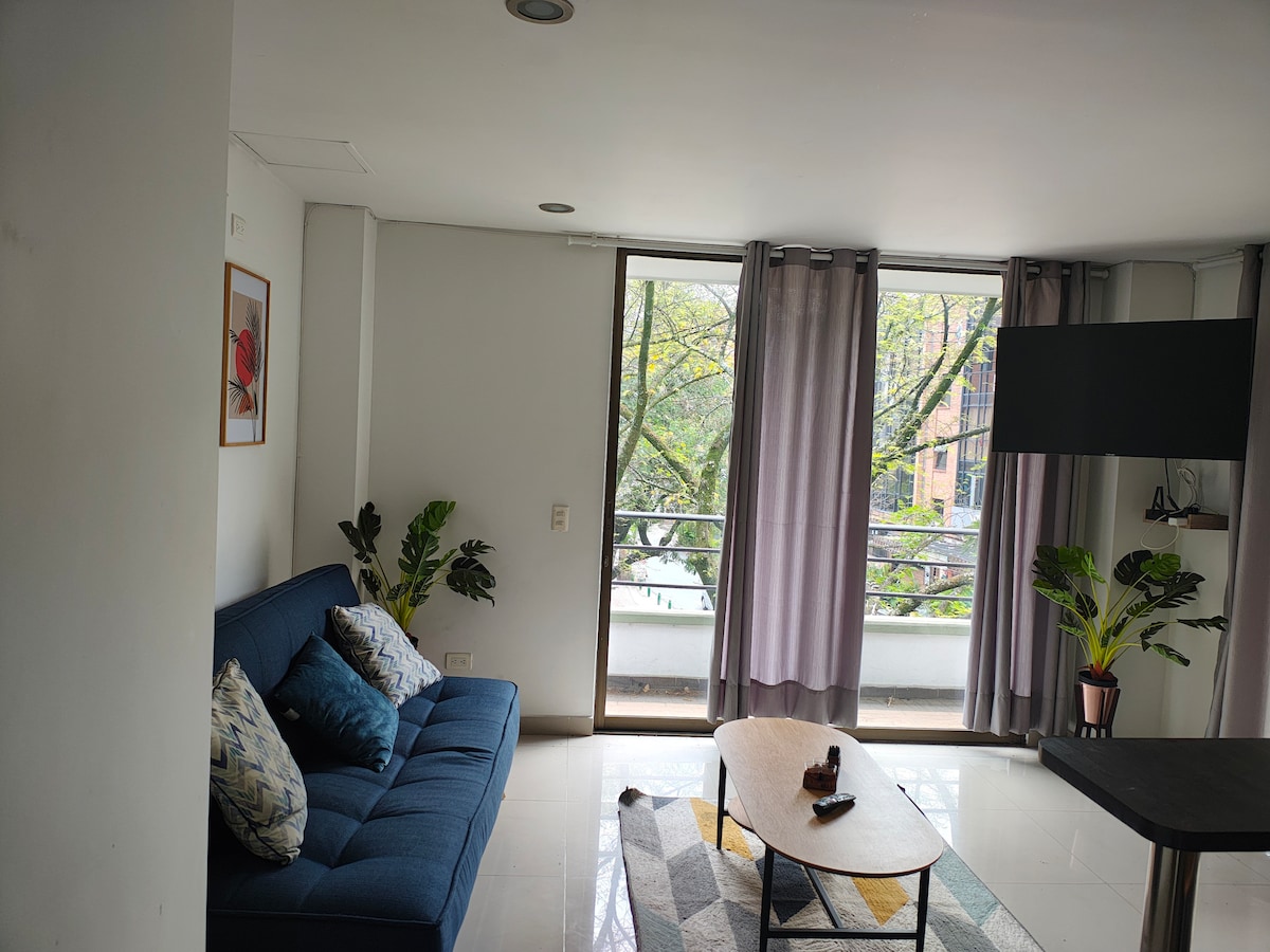 A living area is presented with a blue sofa adorned with decorative cushions. A low coffee table sits in front of the sofa. Large windows, dressed with light curtains, allow natural light to fill the space. Green plants add a touch of nature to the room.