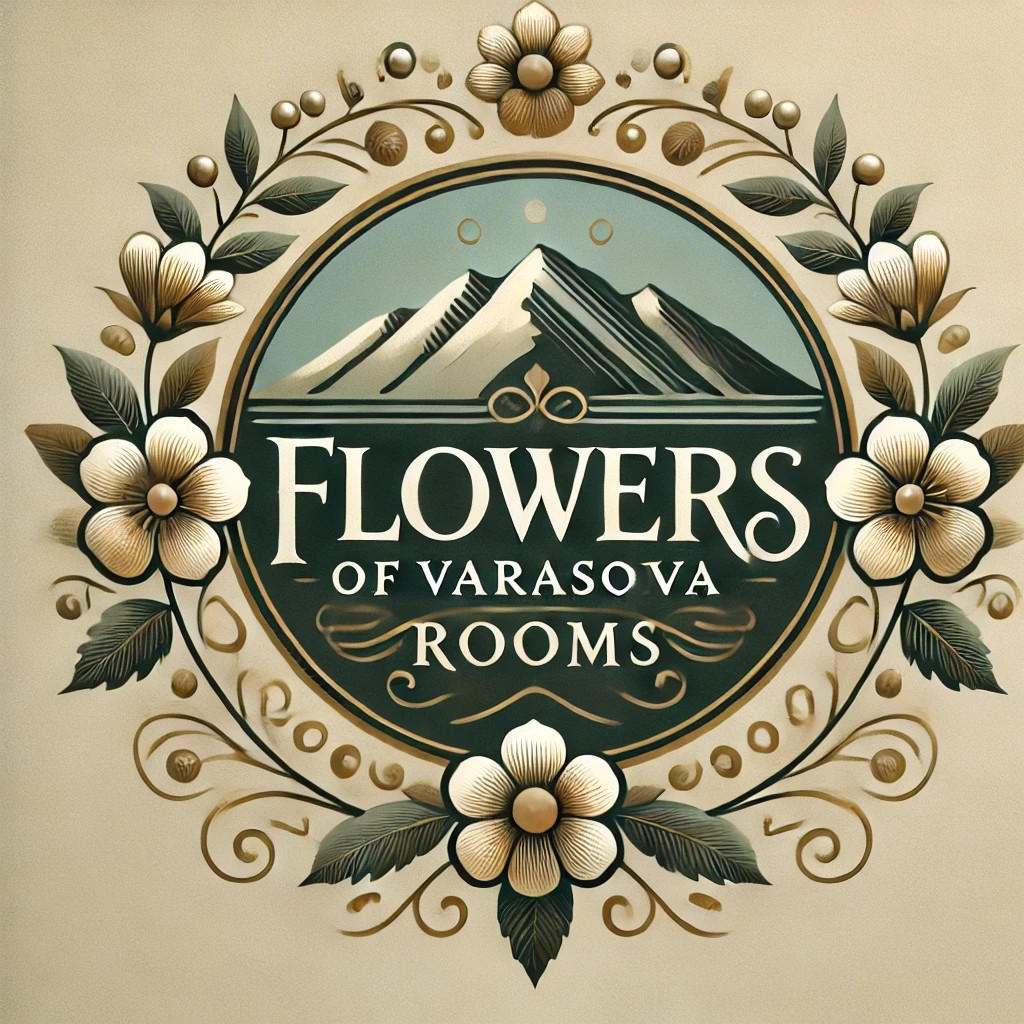 The image features a decorative logo that displays the text 'Flowers of Varasova Rooms.' It is surrounded by an ornate floral design, including stylized flowers and mountains in the background. The color palette consists of earth tones and soft pastels.