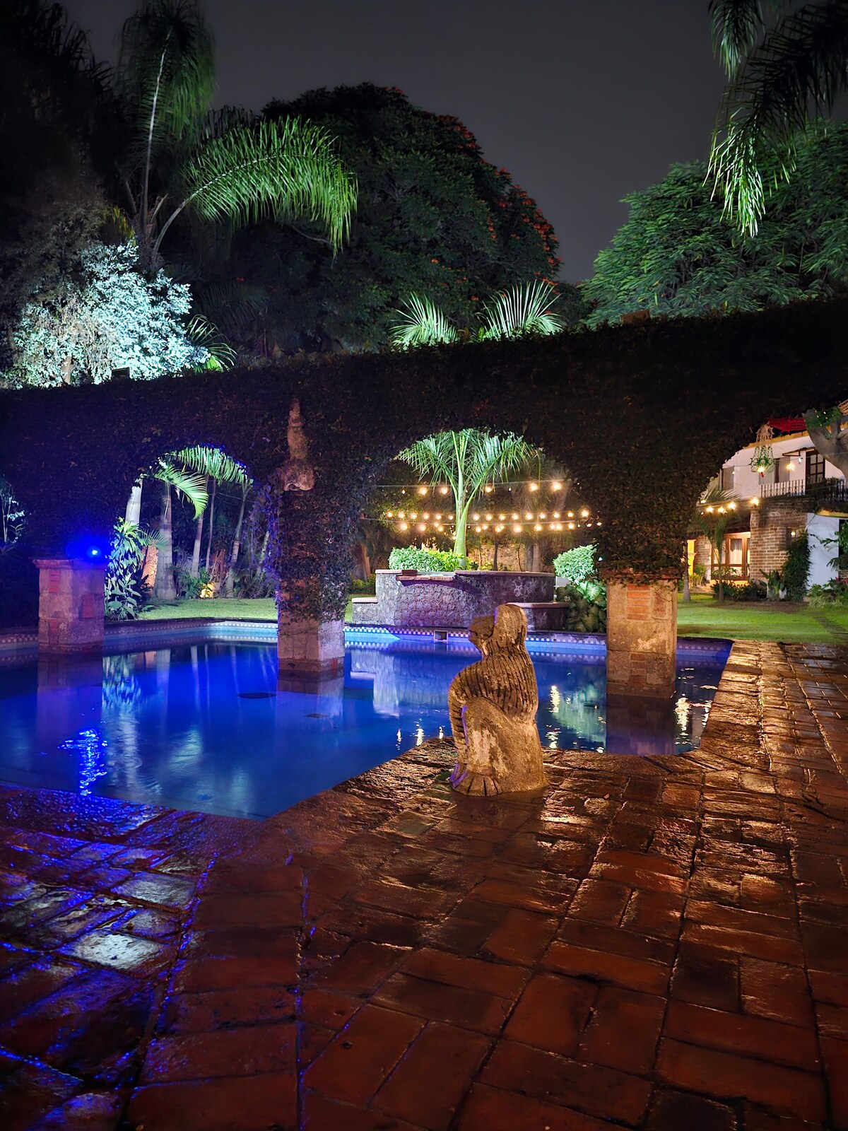 A serene pool area is surrounded by lush greenery and illuminated by soft lights, creating a peaceful ambiance. Statues are positioned near the water, and vibrant foliage borders the space. The gentle ripples of the pool reflect the surrounding elements.