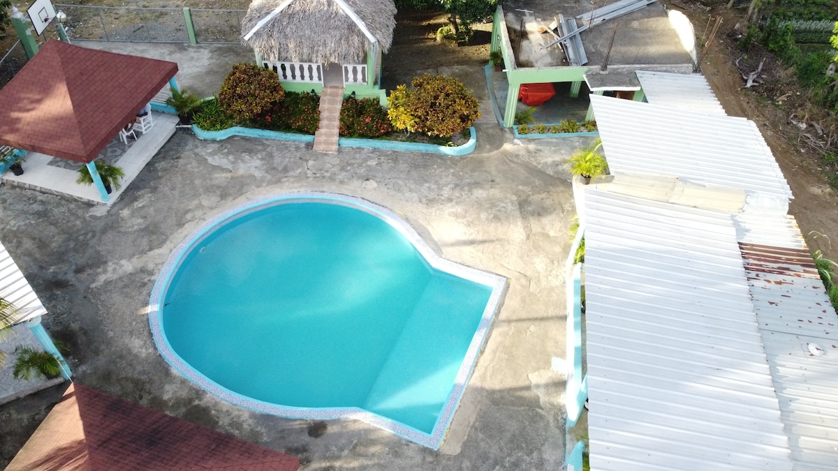 An aerial view captures a refreshing pool shaped like a leaf, surrounded by well-maintained grounds. A thatched-roof gazebo is visible in the background, along with shaded areas leading to recreational spaces. Sunlight enhances the vibrant colors of the landscape.