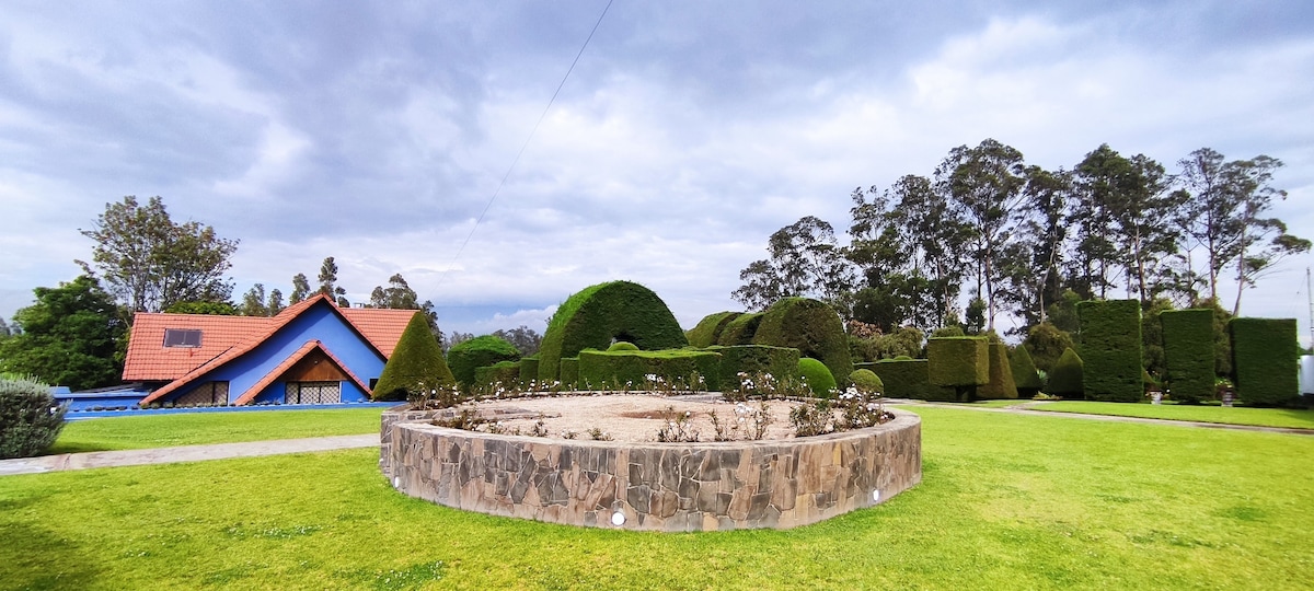 A landscaped garden features a circular stone border, surrounded by grass and neatly trimmed hedges. In the background, a colorful house with a sloped roof stands against a cloudy sky, contributing to the serene atmosphere.