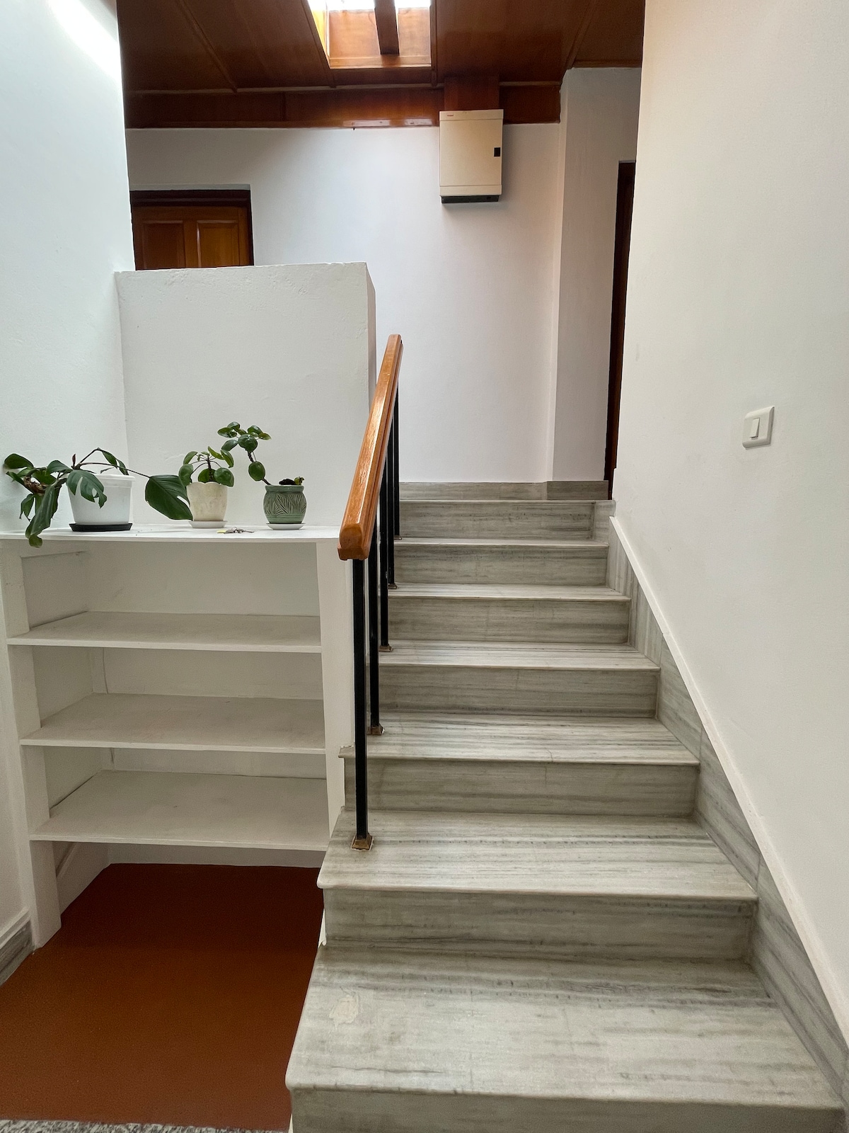 Stairs lead to an upper level, enhanced by natural light from a skylight. A simple railing borders the staircase, while greenery from small potted plants is visible on a nearby shelf. The walls are painted white, contributing to a clean and uncluttered appearance.