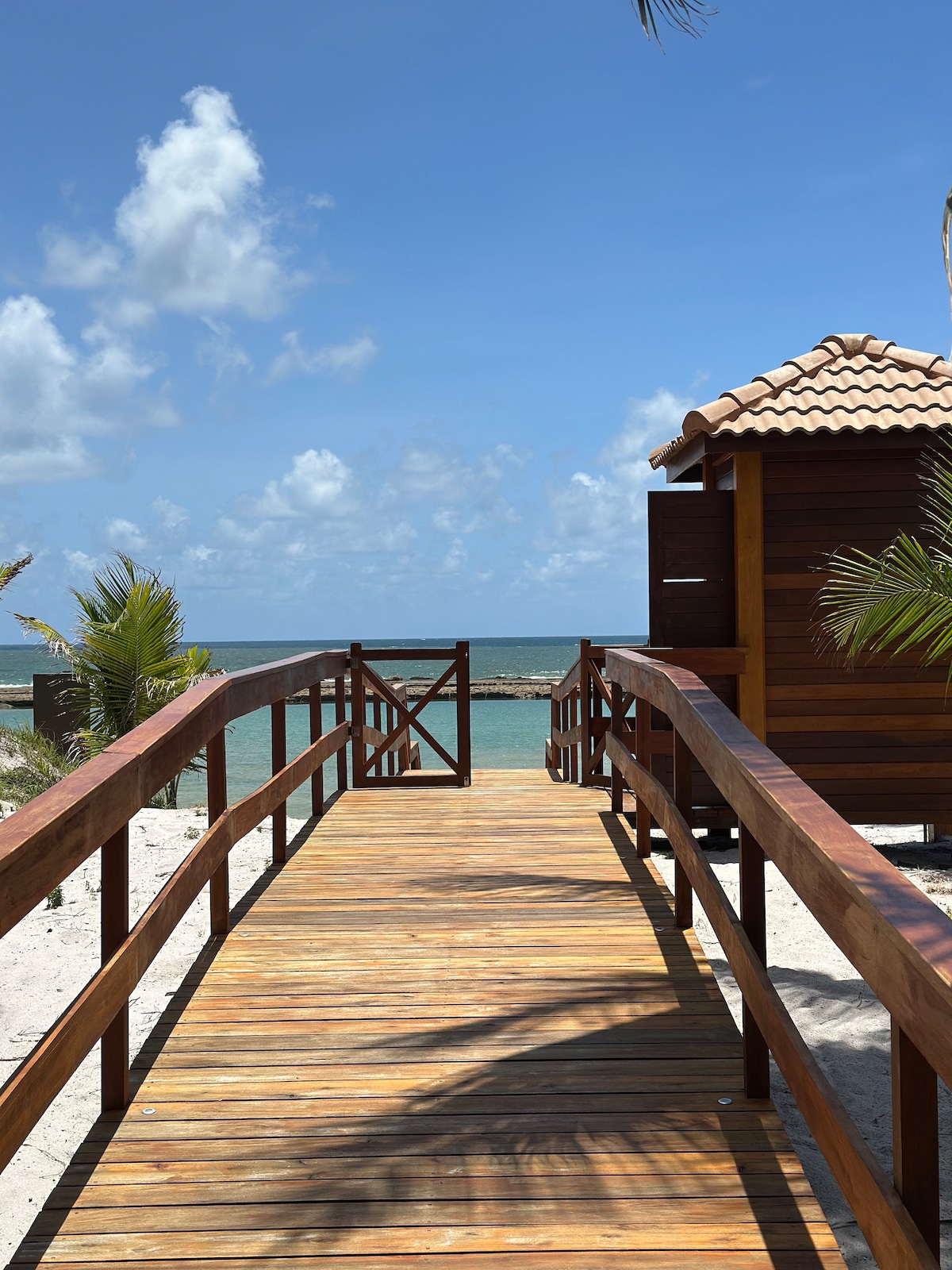 A wooden walkway extends towards the beach, framed by palm trees. The path leads to a small structure with a tiled roof, overlooking the sea. Blue skies with scattered clouds create a serene coastal setting.