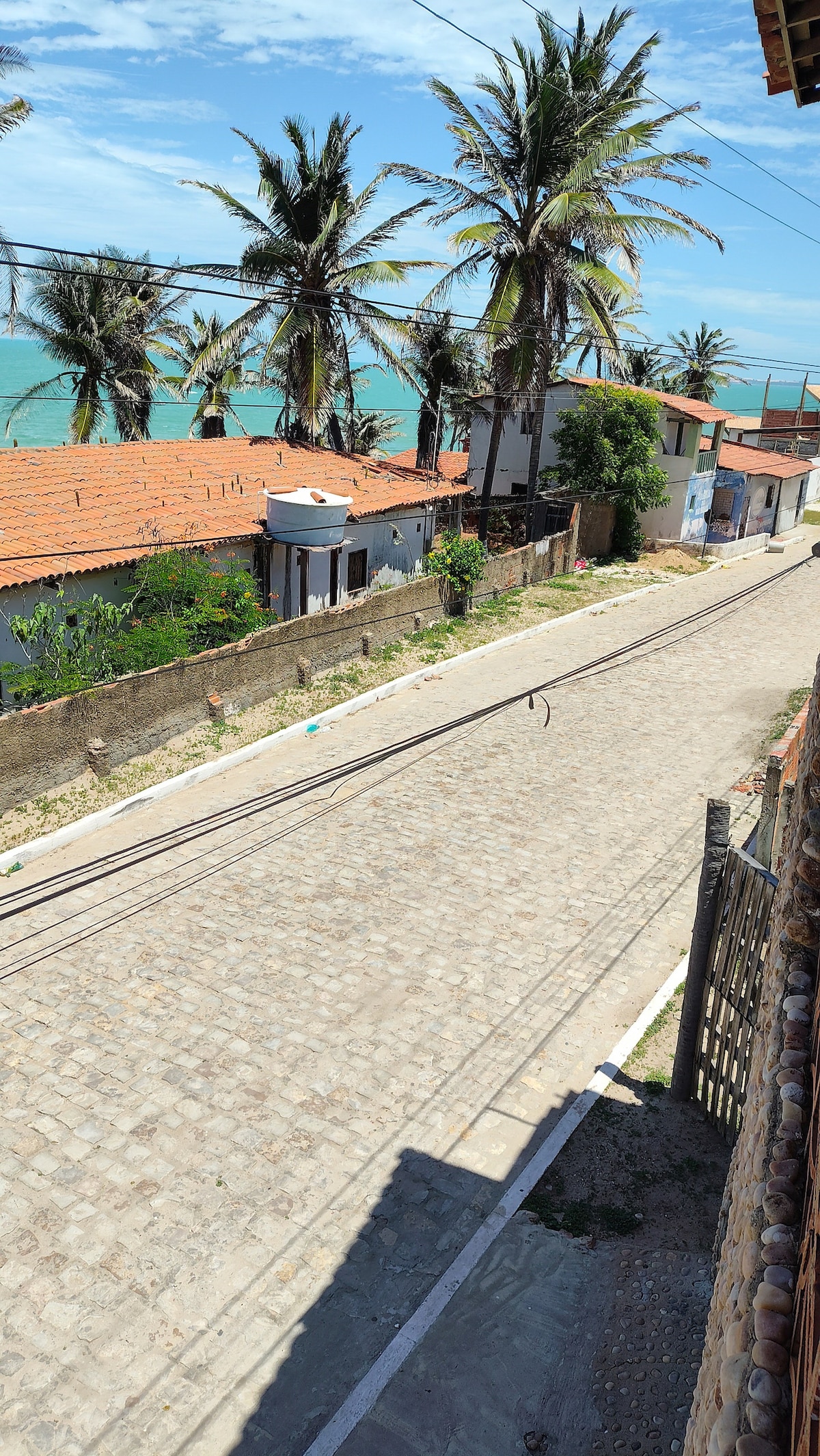 A view of the street is presented, lined with palm trees and quaint houses. The cobblestone path leads to a glimpse of the ocean on the horizon, enhancing the coastal atmosphere of the area. The clear blue sky complements the serene setting.