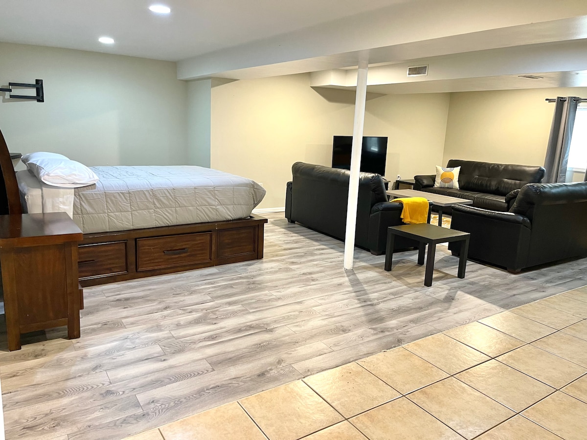 The lower level living lounge features a queen bed positioned near a wall with a wooden bed frame and under-bed storage. A comfortable black sofa set is arranged around a coffee table, with a TV mounted on the wall, and the space is filled with warm natural light.