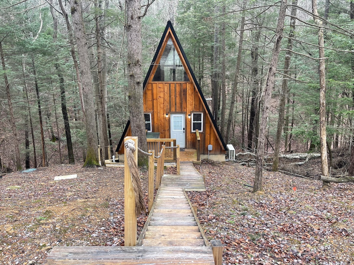 The A-frame cabin is nestled among tall, dense trees, with a pathway leading to its front door. The wooden exterior features a mix of dark and light tones, and large windows enhance the cabin’s natural appeal. A small deck is visible at the entrance.